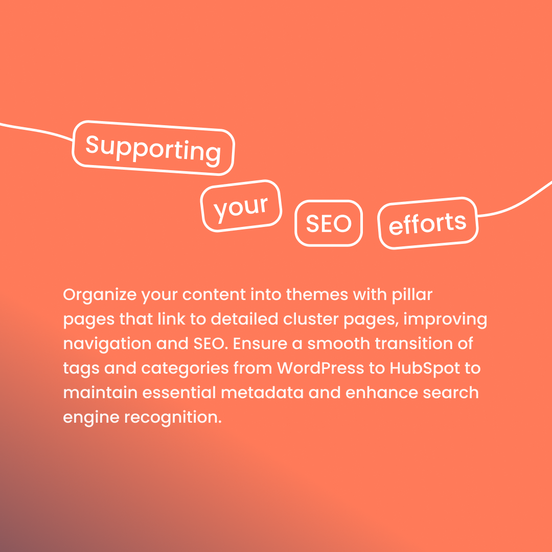 4 words in separate boxes saying "Supporting your SEO efforts" followed by a paragraph explaining how to do this