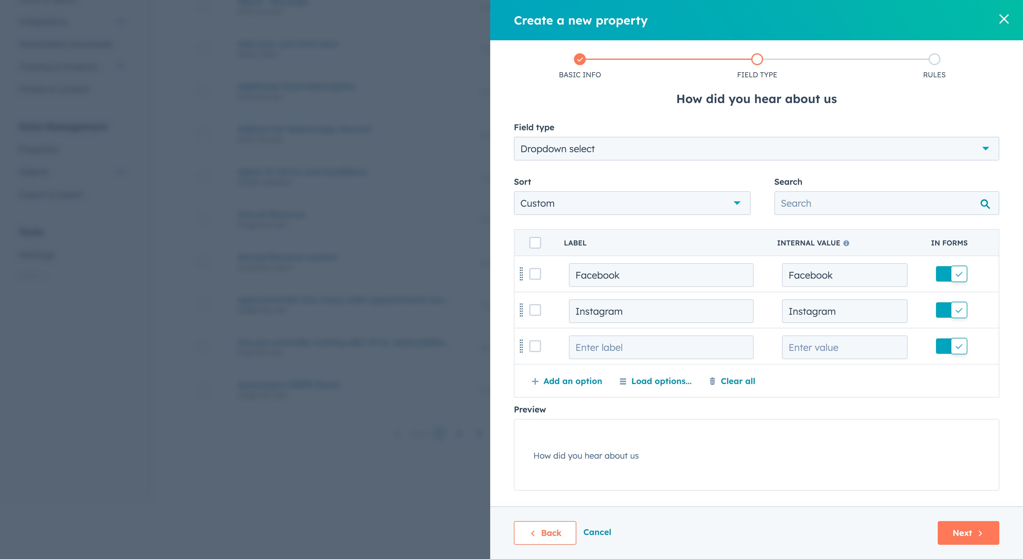 Custom property drop down settings