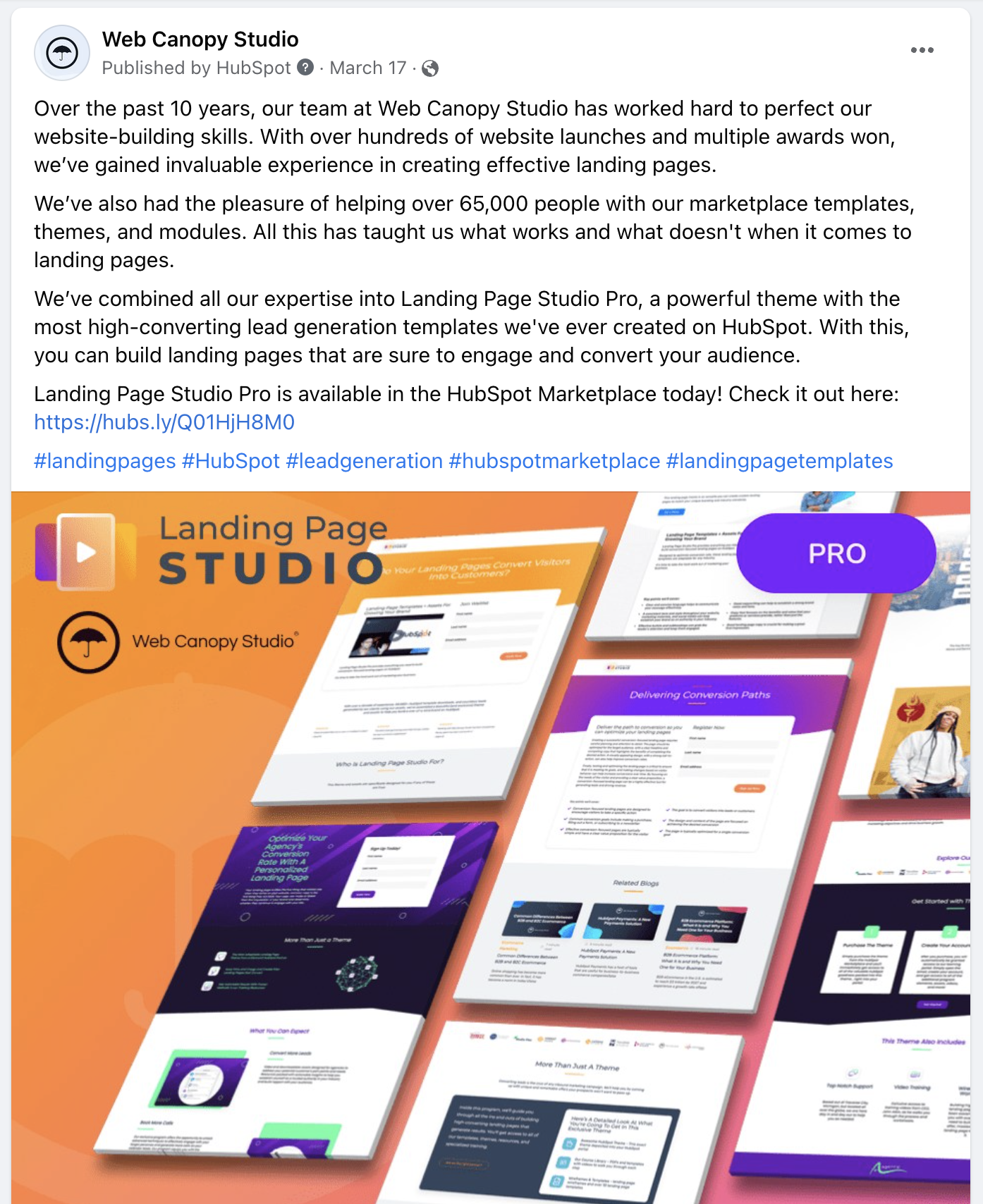 Facebook post from web canopy studio promoting the Landing Page Studio Pro theme