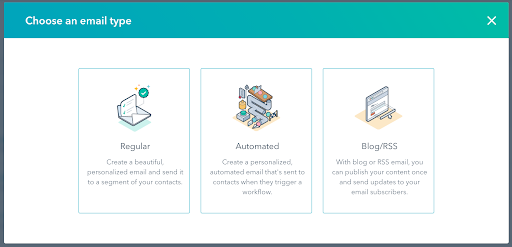 Screenshot: HubSpot choose an email type page