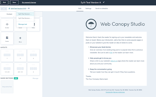 Screenshot: HubSpot Split Test version design page