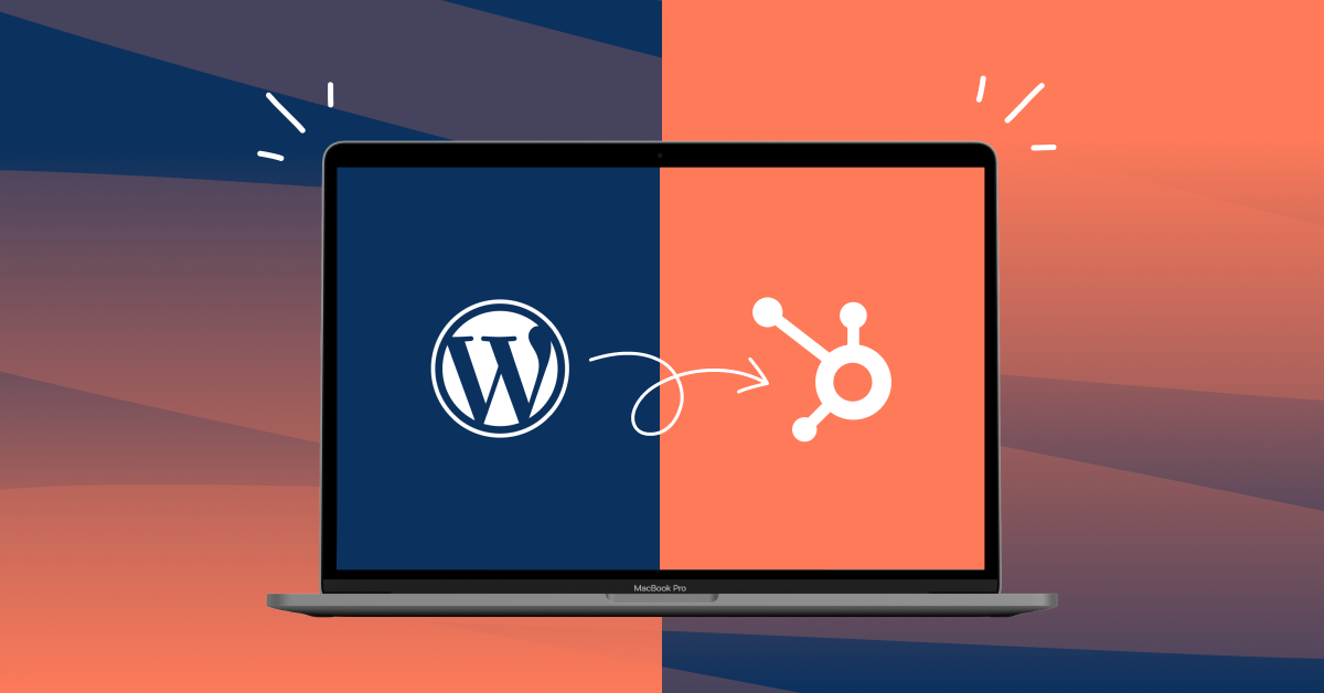 Wordpress logo with a drawn line towards the HubSpot logo, symbolizing a website migration from Wordpress to HubSpot