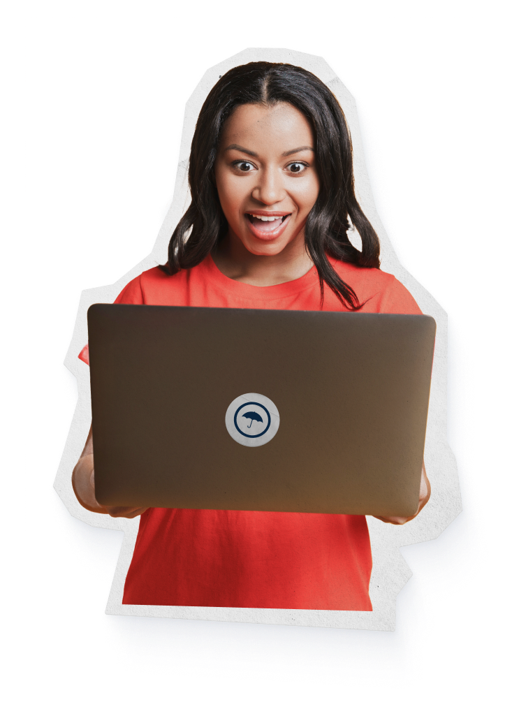 Woman holding a computer very happy